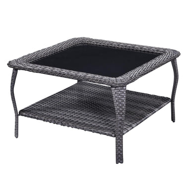 Belord outdoor wicker coffee table with glass top and two-tier storage, part of the NTC patio conversation sets.