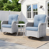 Belord outdoor wicker swivel glider set with two chairs and side table, perfect for patio conversation and outdoor relaxation.