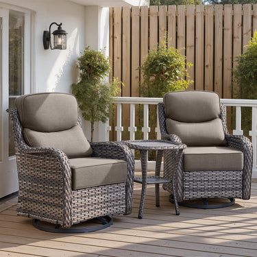 Belord 3-piece patio bistro set with swivel glider chairs and side table, featuring cushioned seats and a modern design.