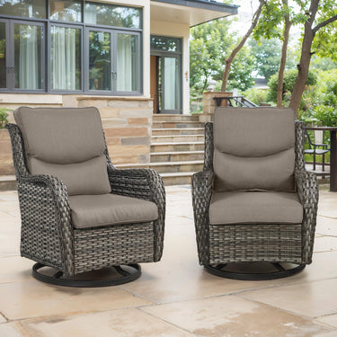 Pair of Belord swivel patio chairs with 360° rotation and 5-inch cushions, part of the NTC Series, shown outdoors with a garden background.