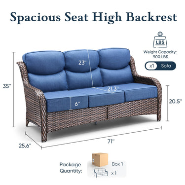 Belord oversized wicker 3-seater sofa with high back and six-inch cushions, part of the patio conversation sets.