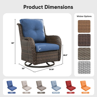Pair of Belord outdoor wicker swivel glider chairs with 5-inch cushions, all-weather PE wicker, suitable for patio conversation sets.