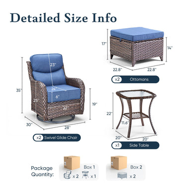 Belord 5-piece patio swivel glider set with ottomans and side table, outdoor conversation furniture for relaxing patio gatherings.