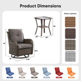 Belord 3-piece outdoor wicker swivel glider set with two chairs and a side table, ideal for patio conversation and relaxation.
