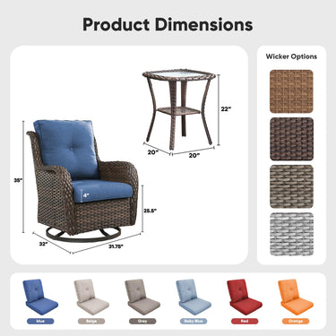 Belord 3-piece outdoor wicker swivel glider patio set with two chairs and side table, ideal for relaxing outdoor conversations.