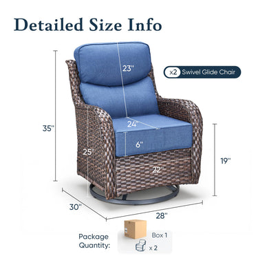 Pair of Belord outdoor patio swivel glider chairs with 6-inch cushions, part of the NT Series, showing comfortable seating on a patio.