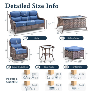 Belord 11-piece patio wicker sofa set with swivel chairs, featuring cushioned seats and a glass-topped coffee table for outdoor lounging