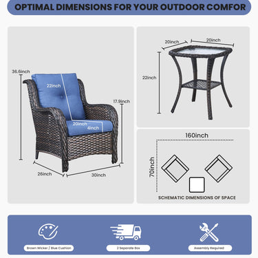 Belord 3-piece patio wicker furniture set with two chairs and a side table for outdoor conversation and relaxation.