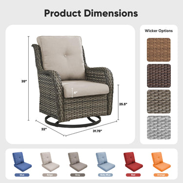 Pair of Belord wicker swivel glider chairs with 5-inch cushions, 360° rotation, part of the NTC patio conversation set.