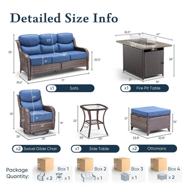 Belord 7-piece patio fire pit set with sofa and swivel chairs, outdoor fire table set for patio relaxation and entertaining.