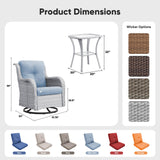 Belord 3-piece outdoor wicker swivel glider patio set with two chairs and a side table, perfect for outdoor conversation.