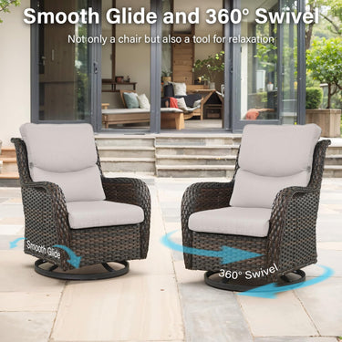 Pair of Belord swivel patio chairs with 360° rotation, black frames, and plush 5-inch cushions for outdoor relaxation.