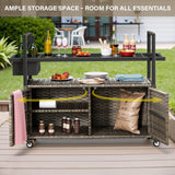 Belord outdoor wicker bar cart with 4 lockable wheels and integrated ice bucket, perfect for outdoor entertaining.