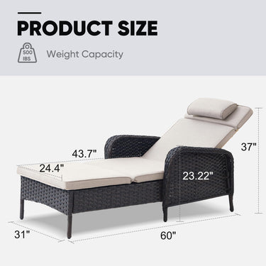 Belord outdoor wicker chaise lounge in patio conversation set, 5-position adjustable backrest, sturdy 500 lb capacity.