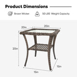 Outdoor wicker bistro side table with tempered glass top and lower shelf, weather-resistant PE rattan, part of Belord patio sets.