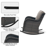 Pair of Belord patio wicker rocking chairs with olefin cushions, part of the NTC Series, designed for outdoor relaxation.