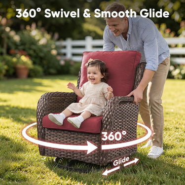 Pair of Belord wicker swivel glider chairs with 5-inch cushions, 360° rotation, suitable for patio conversation sets.