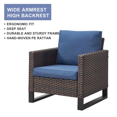 Pair of Belord wicker patio chairs with high backs, beige cushions, and sturdy frame for outdoor seating, 18.5 inches high.