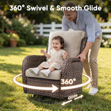 Set of two Belord wicker swivel glider chairs with 5-inch cushions, 360° rotation, suitable for patio conversation areas.