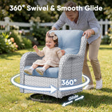 Pair of Belord wicker swivel glider patio chairs with 5-inch cushions, 360° rotation, black metal frames, and sturdy design.