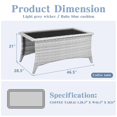 Belord outdoor wicker coffee table with glass top and ottoman storage, part of the NTC Series patio conversation sets.