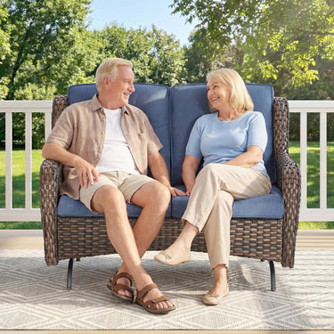 Belord 51-inch outdoor wicker glider loveseat with 4-inch cushions, 2-seater patio conversation set, 15° backrest, smooth gliding.