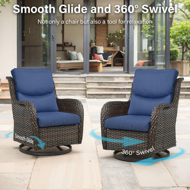 Pair of Belord swivel patio chairs with 360° rotation and 5-inch cushions, part of the NTC Series, shown with outdoor setting.