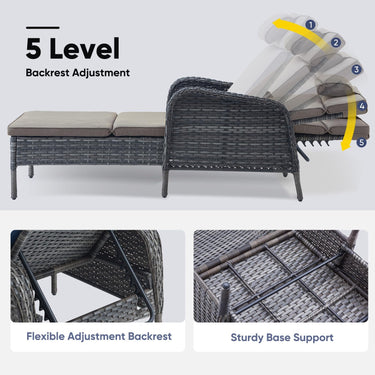 Belord outdoor wicker chaise lounge in 5-position with armrests, shown in a patio setting, supporting up to 500 pounds.