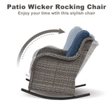 Pair of Belord patio wicker rocking chairs with olefin cushions from the NTC Series, designed for outdoor seating comfort.