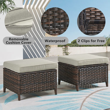 Belord 2-piece patio wicker ottoman set with side tables, part of the NTC Series, featuring woven rattan design and cushioned tops.