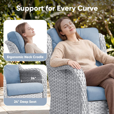 Set of two Belord wicker swivel glider chairs with 360° rotation and 5-inch cushions, designed for patio conversation.