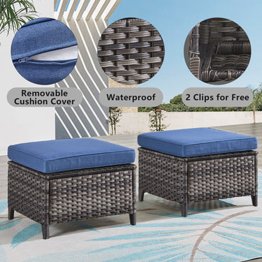 Belord 2-piece patio wicker ottoman set with side tables, part of NTC Series, featuring woven rattan design and comfortable seating.