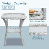 Belord Square outdoor wicker side table with glass top and storage shelf, part of the NTC Series patio conversation sets.
