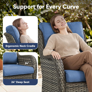 Set of two Belord wicker swivel glider patio chairs with 5-inch cushions, 360° rotation, and sturdy 300 lb weight capacity.