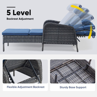 Belord outdoor wicker chaise lounge in 5-position with sturdy frame, part of patio conversation set, supports up to 500 pounds.