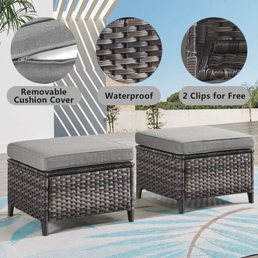 Belord 2-piece patio wicker ottoman set with side table, part of the NTC Series for outdoor patio conversation areas.