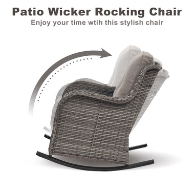 Two Belord patio wicker rocking chairs with olefin cushions from the NTC Series, shown with their woven wicker design and comfortable seating.
