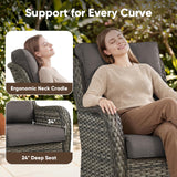 Pair of Belord wicker swivel glider chairs with 360° rotation, 5-inch cushions, suitable for patio conversation sets.