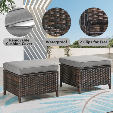 Belord 2-piece patio wicker ottoman set with side table for outdoor conversation, part of NTC series, shown in a cozy patio setting.