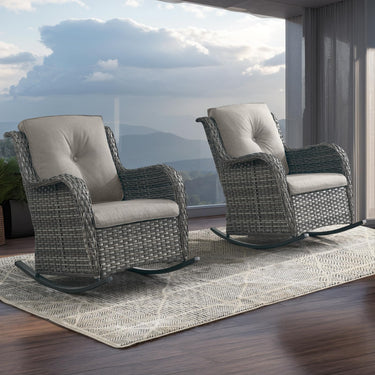Pair of Belord patio wicker rocking chairs with olefin cushions from the NTC Series, featuring a stylish outdoor design.