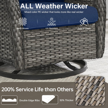 Pair of Belord swivel patio chairs with 360° rotation and 5-inch cushions, part of the NTC Series, shown outdoors with cushions.