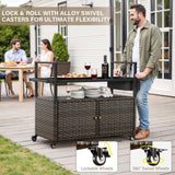 Belord outdoor wicker bar cart with 4 lockable wheels and ice bucket, perfect for outdoor entertaining and stylish storage.
