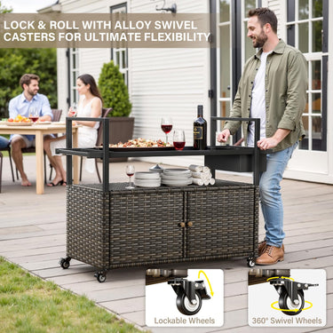 Belord outdoor wicker bar cart with 4 lockable wheels and ice bucket, perfect for outdoor entertaining and stylish storage.