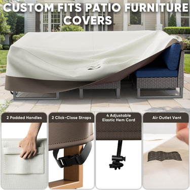 Belord 110-inch waterproof patio furniture cover made of 600D fabric, UV and wind proof, protecting outdoor furniture from weather.