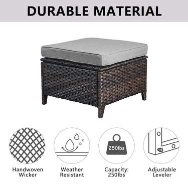 Belord 2-piece patio wicker ottoman set with side tables from the NTC Series, featuring woven wicker and cushioned tops.