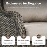 Pair of Belord wicker swivel glider chairs with 5-inch cushions, 360° rotation, suitable for outdoor patio conversation sets.