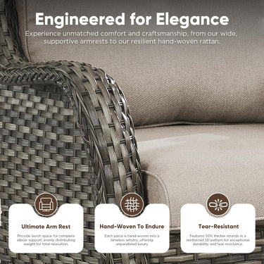 Pair of Belord wicker swivel glider chairs with 5-inch cushions, 360° rotation, suitable for outdoor patio conversation sets.