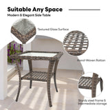 Outdoor Belord 2-tier wicker bistro side table with tempered glass top, lower storage shelf, all-weather PE rattan for patio.