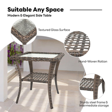 Outdoor Belord 2-tier wicker bistro side table with tempered glass top, lower storage shelf, all-weather PE rattan for patio.