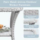 Square outdoor wicker side table with glass top and storage shelf, part of Belord's NTC patio conversation set.